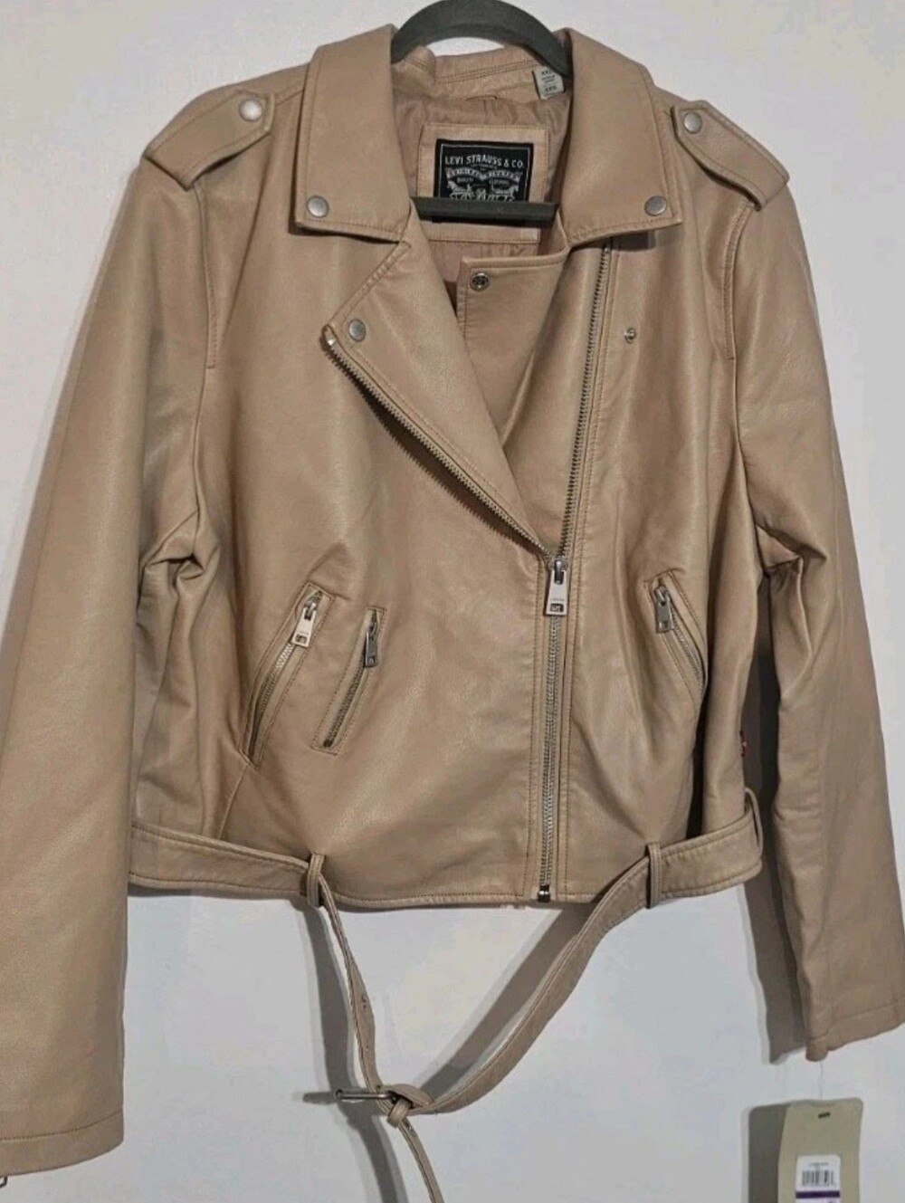 Levi's Womens Belted Faux Leather Moto Jacket Biscotti Size XXL NWT